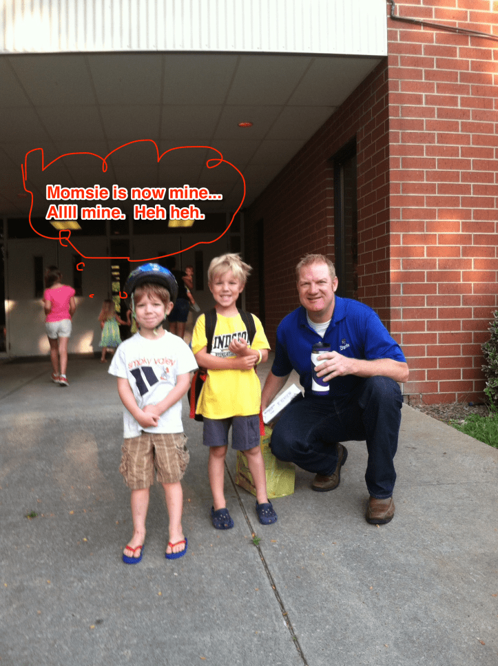 The one on the right is a bit tall for elementary school, but he's cute and good with a protractor, so I bet they'll take him. 